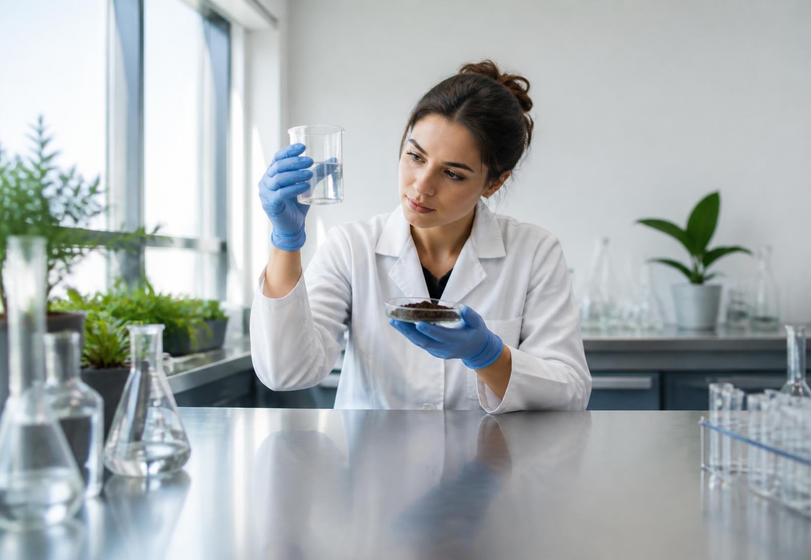 Besteco laboratory analyst comparing a water sample and a soil sample
